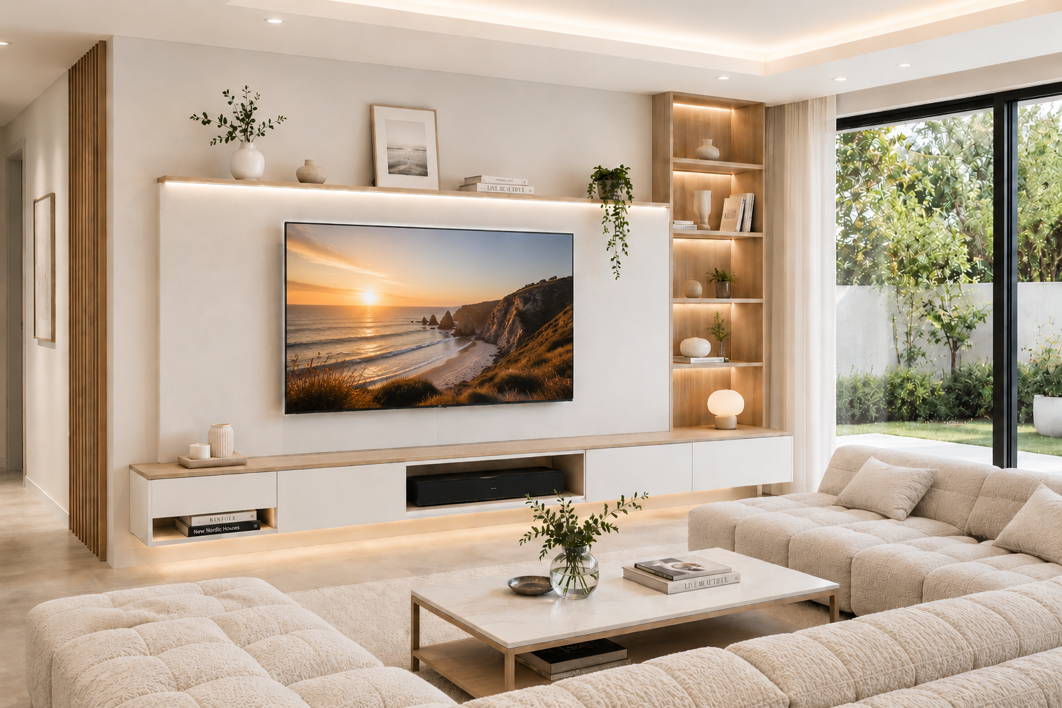 Canapé Bretz et mobilier TV Munari intégrés dans un showroom design